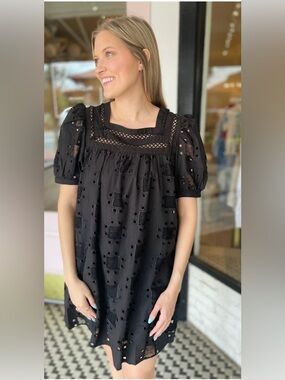 English Factory Black Geometric Eyelet Puff Sleeve Mini Dress Size M EUC